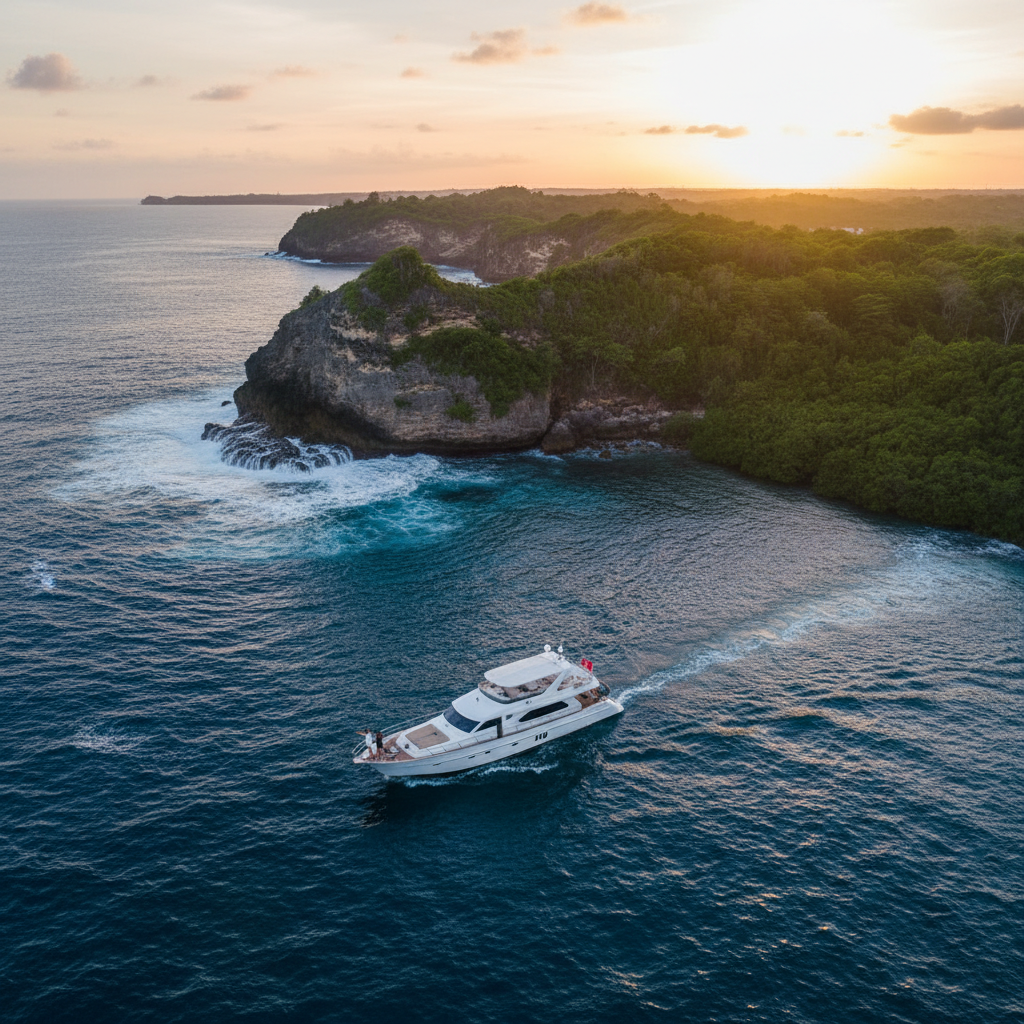 Bali private cruise sunset charter yacht with Tanah Lot temple silhouette at golden hour